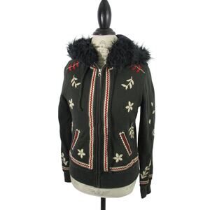 Vintage Lucky Brand Dungarees Boho Embroidered Hoodie with Faux Fur Hood Small